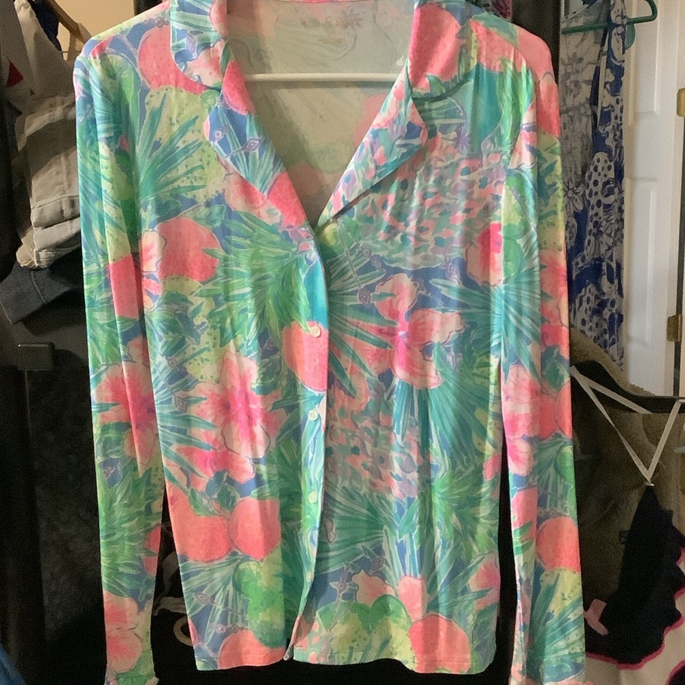 Lilly Pulitzer Vibrant Pink and Green Button-Up, pajama top